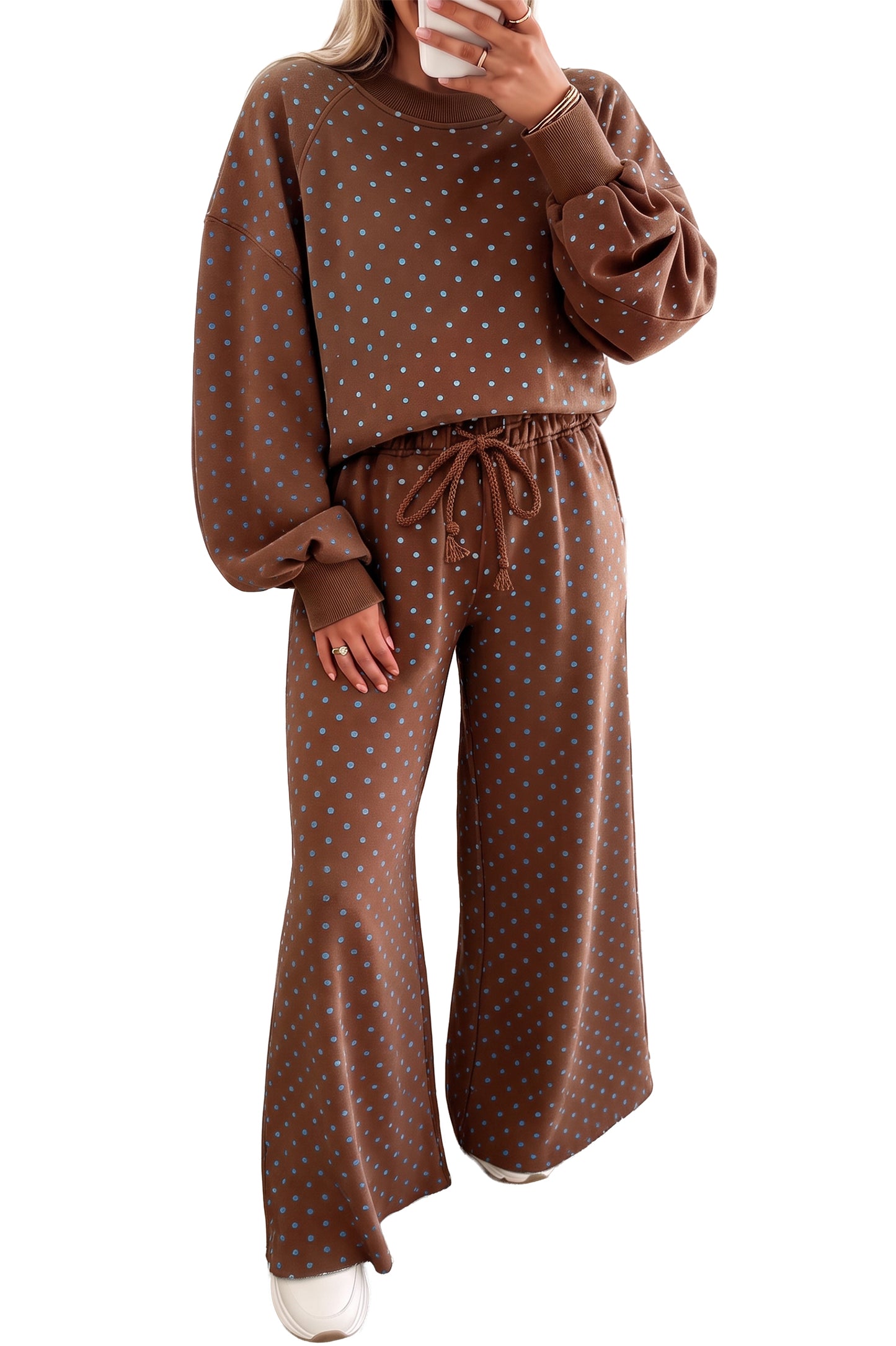 Brown Polka Dot Drawstring Wide Leg Long Sleeve Top Pant Set