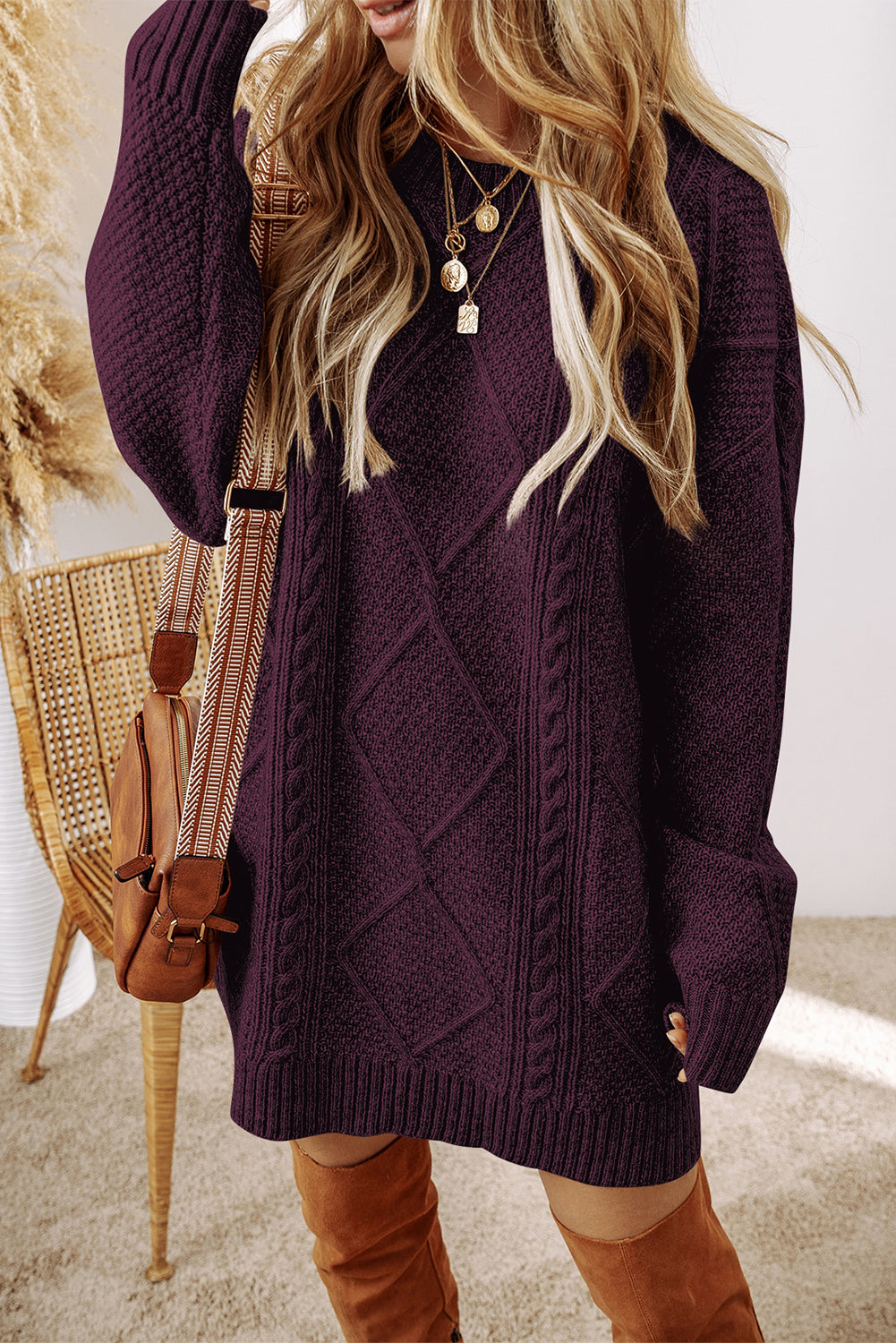 Burgundy Cable Knit Drop Shoulder Loose Fit Sweater Dress – HannaBanna Clothing