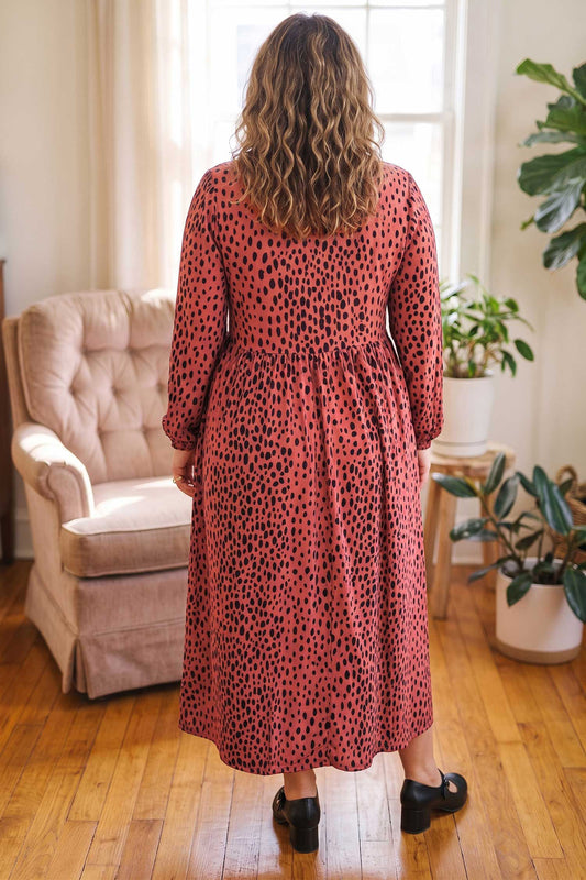 Red Leopard Print Long Sleeve V Neck Plus Size Midi Dress