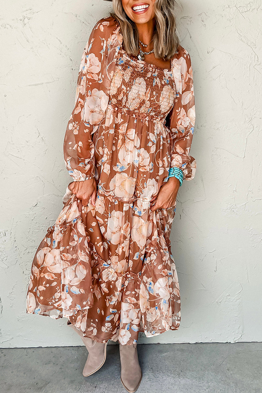 long sleeve shirred maxi dress Brown Floral Print Shirred Square Neck High Waist Maxi Dress Brown / S / 100%Polyester