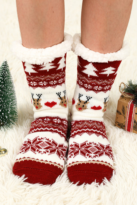 Calcetines polares navideños de Papá Noel con dibujos animados de color rojo ardiente