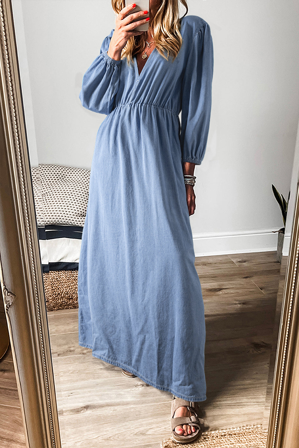 Myosotis Chambray Deep V Neck Bracelet Sleeve Maxi Dress Myosotis Chambray Deep V Neck Bracelet Sleeve Maxi Dress