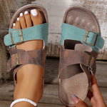 Light Blue Two-tone Retro Buckle Straps Hollowed Faux Suede Slippers