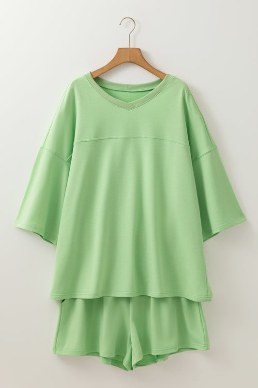 Meadow Mist Green Plus Size V Neck Drop Shoulder Tee Loose Shorts 2pcs Outfit