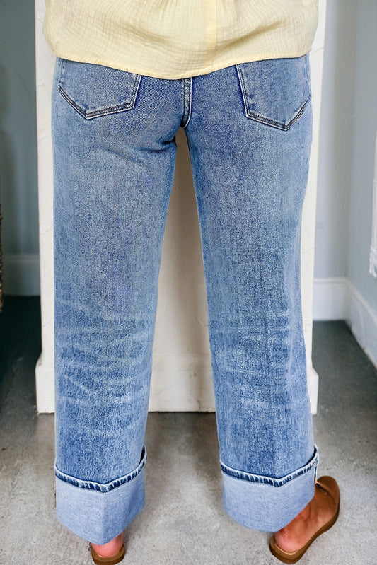 Myosotis Center Seam Cuffed Hem Straight High Waist Jeans