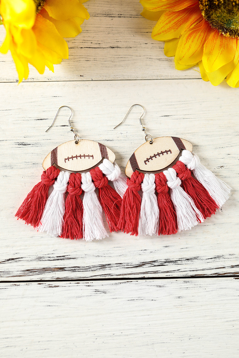Red Rugby Shape Color Block Braided Tasseled Drop Earrings