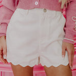 White Scalloped Hemline Acid Wash High Waist Denim Shorts