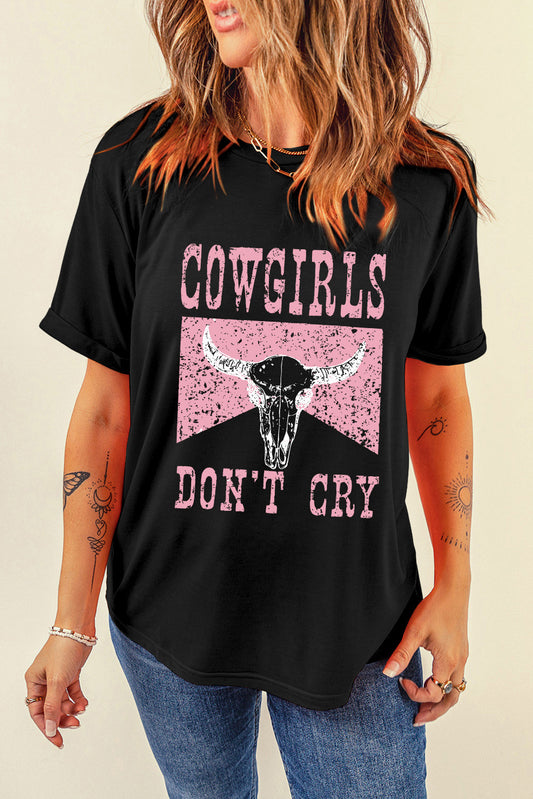 Haut noir à manches courtes avec imprimé tête de bœuf « COWGIRL DONT CRY »