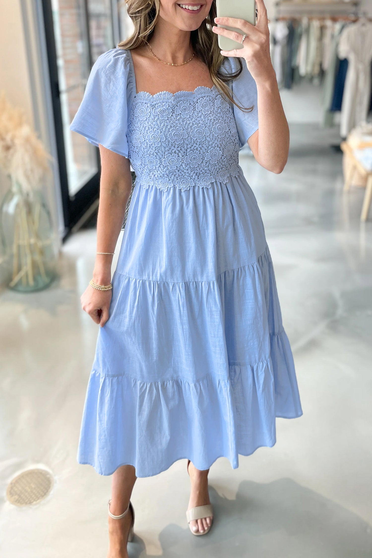 Beau Blue Flowy Short Sleeve Lace Detail Square Neck Tiered Midi Dress – HannaBanna Clothing