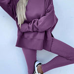 Orchid Mist Solid Color Oversize Slit Sweatshirt Ribbed Leggings 2pcs Set