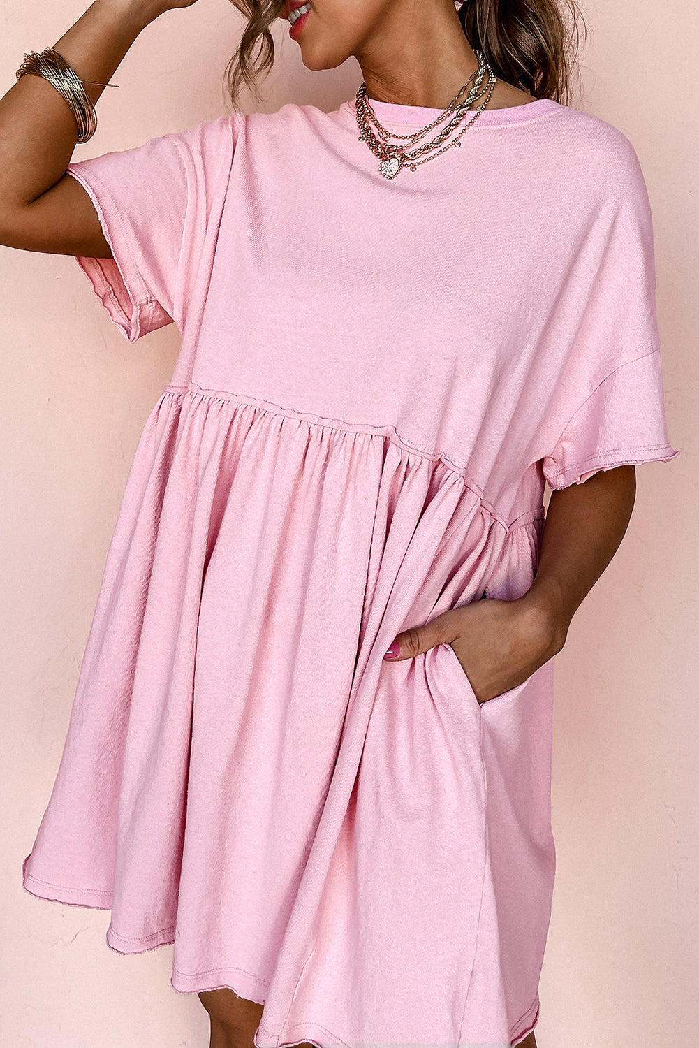 Everyday The Label Girl's Light Pink Solid Color Pocketed Raw Edge Babydoll Dress Everyday The Label Girl's Light Pink Solid Color Pocketed Raw Edge Babydoll Dress