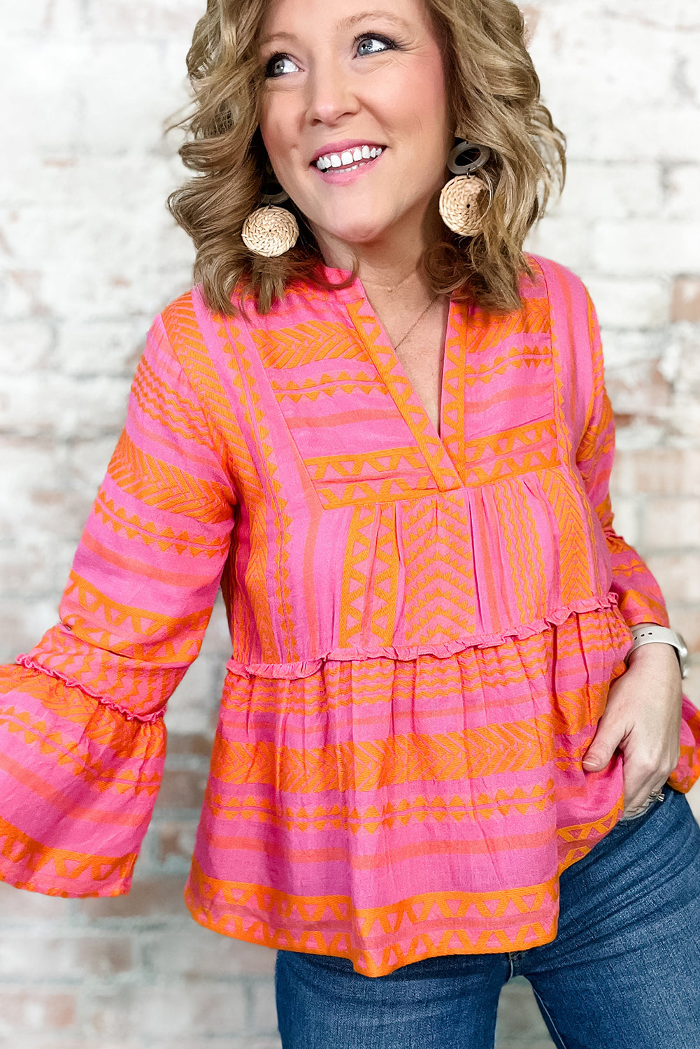 Chemisier babydoll orange Vitality grande taille à manches cloche et broderies géométriques
