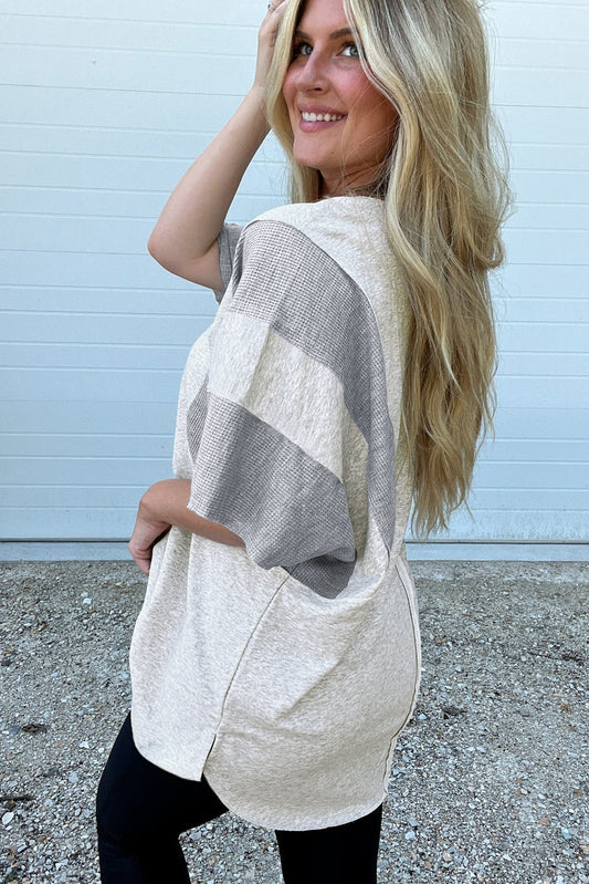 Dearlovers Light Grey Two Tone Contrast Waffle Knit Patched Buttoned V Neck Top