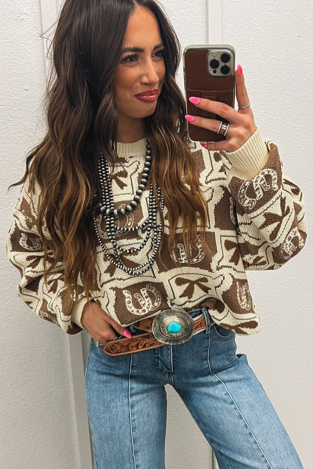 Brown Bows & Horseshoes Pattern Western Fashion Print Sweater