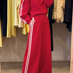 Fiery Red Varsity Striped Detail Crewneck Pullover Elastic Sweatpants 2pcs Outfit