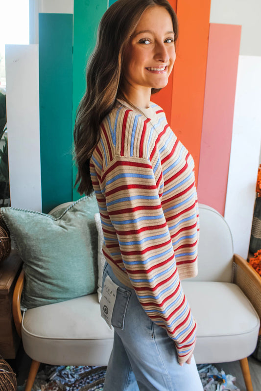 Khaki Stripe Drop Shoulder Cropped Long Sleeve Fall Sweater