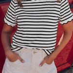 Black Stripe Scalloped Trim Round Neck T Shirt