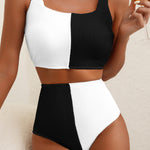 Color Black Corded Colorblock Square Neck Bikini Swimsuit
