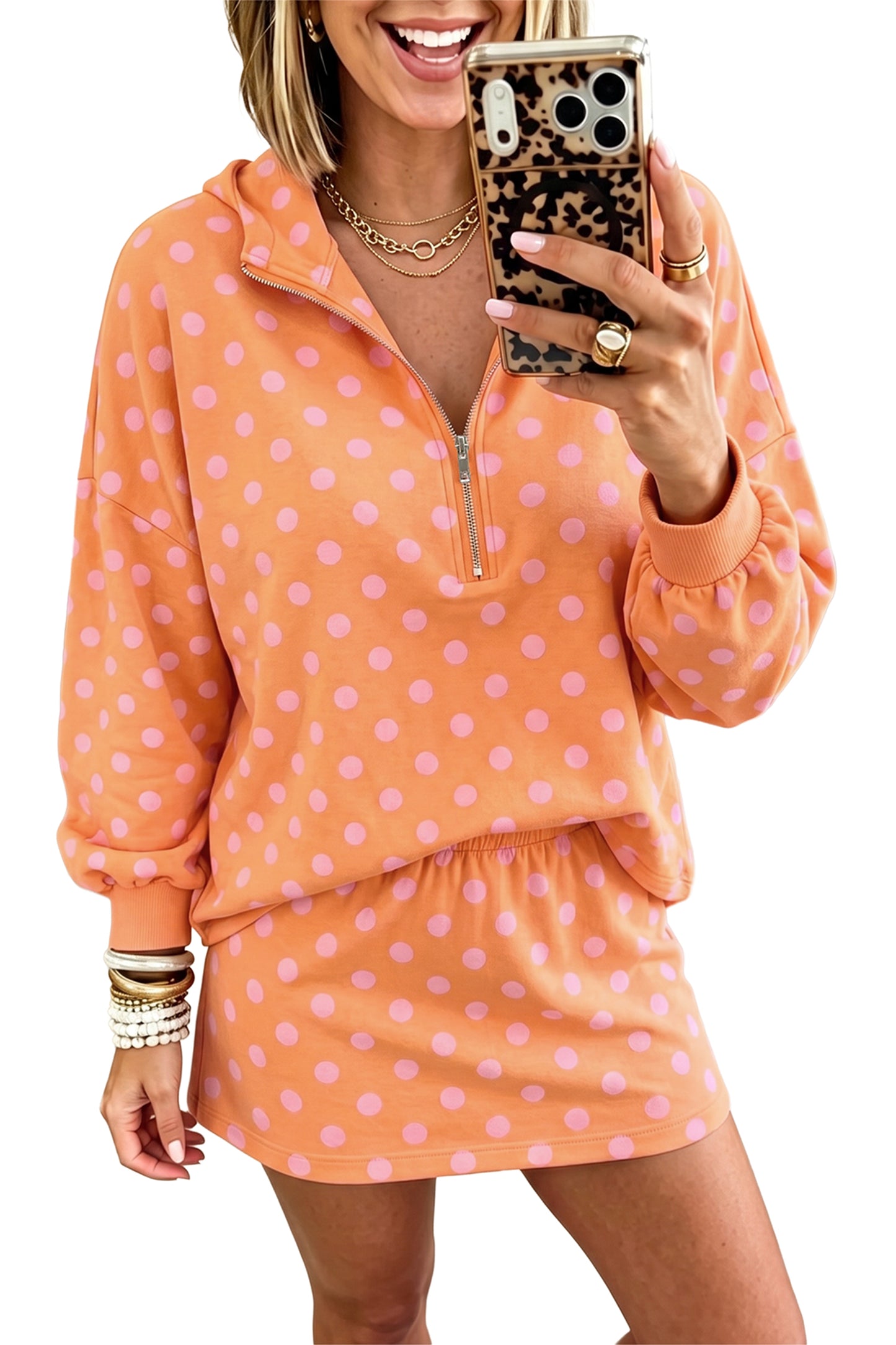 Orange Polka Dot Hooded Long Sleeve Top Casual Mini Skort Set