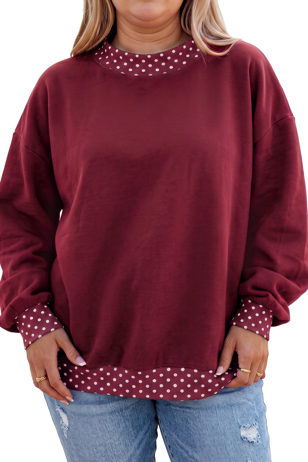 Burgundy Polka Dot Patchwork Round Neck Plus Size Sweatshirt