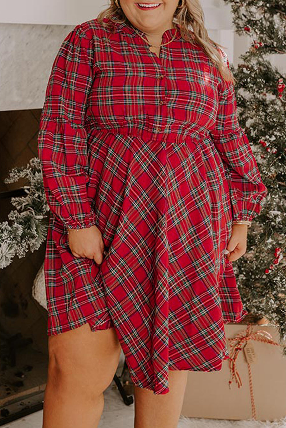 Red Plus Size Plaid Half Button Long Sleeve Holiday Dress – HannaBanna  Clothing