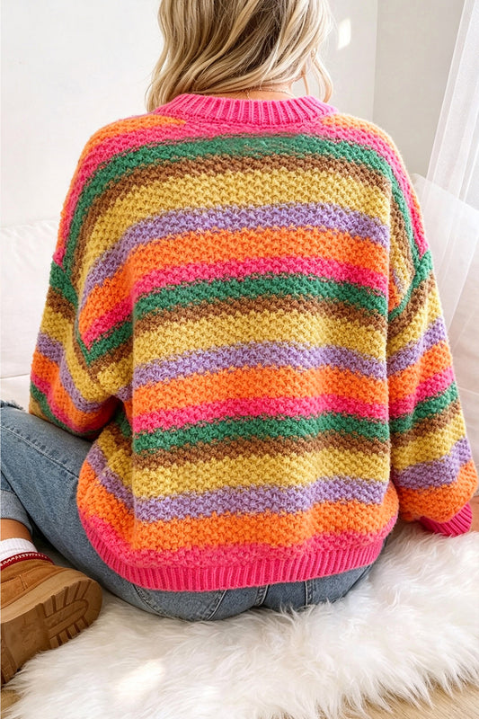 Rose Red Rainbow Striped Knit Round Neck Puff Sleeve Sweater