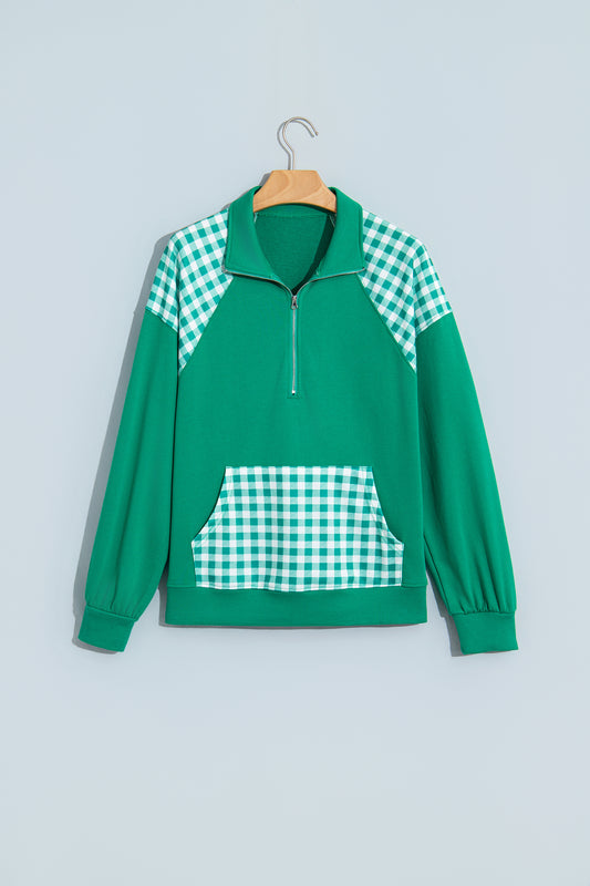 Dark Green Patchwork Plaid Pocket Quarter Zip Sweatshirt