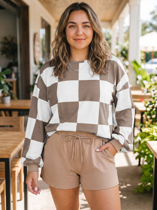 Khaki Checkered Contrast Long Sleeve Top Solid Shorts Plus Size 2pcs Set