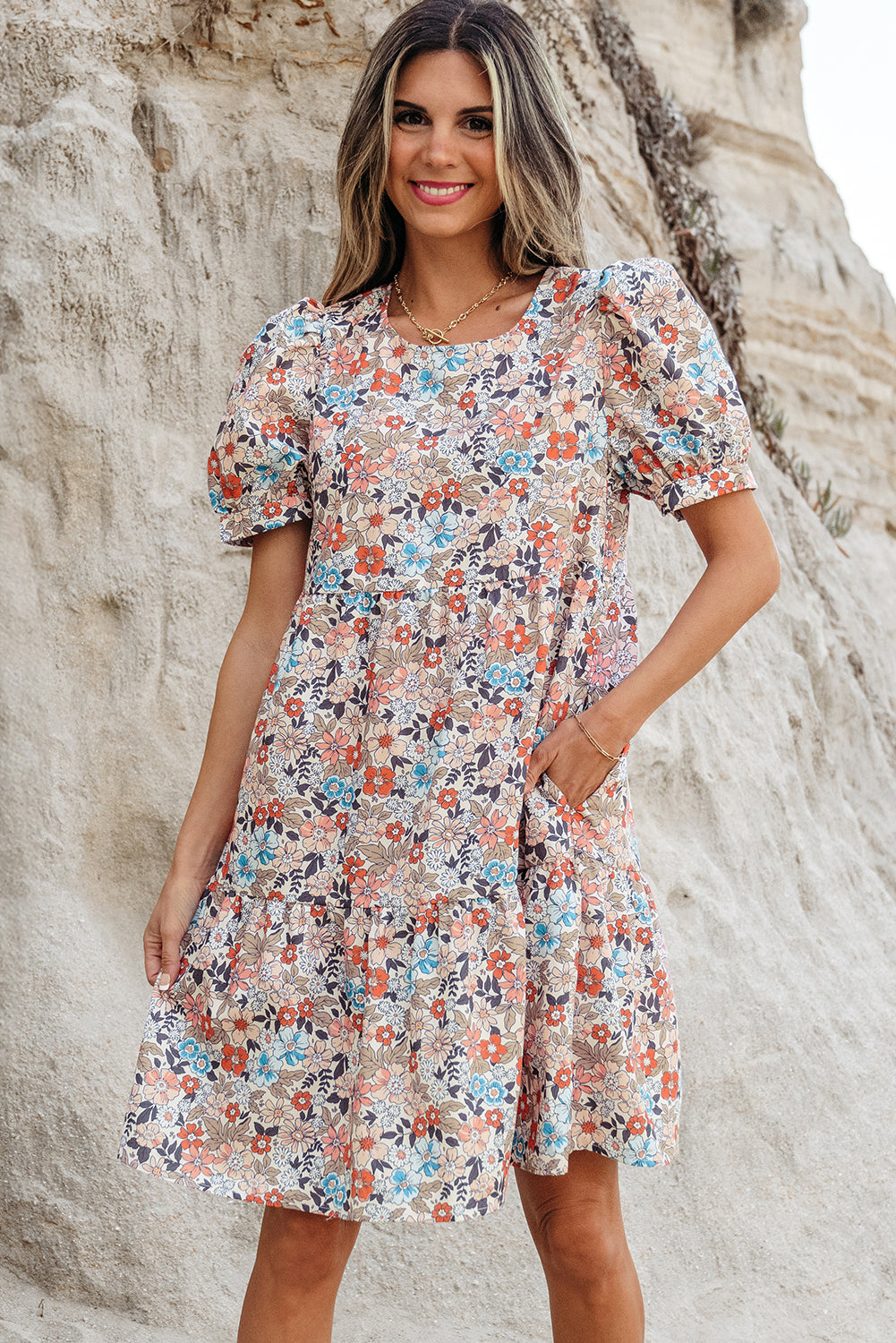 bohemian short dress for women Apricot Floral Print Puff Sleeve Mini – HannaBanna Clothing Norma Kamali Maria Cowl-Neck year_2026 sweet style with a Models:Model 1