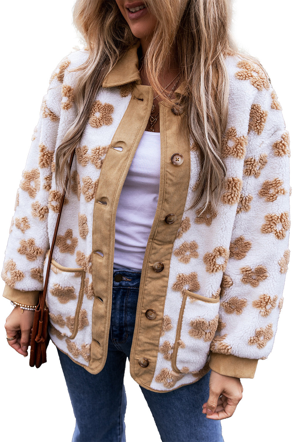 Veste polaire boutonnée à jolis motifs floraux beige clair