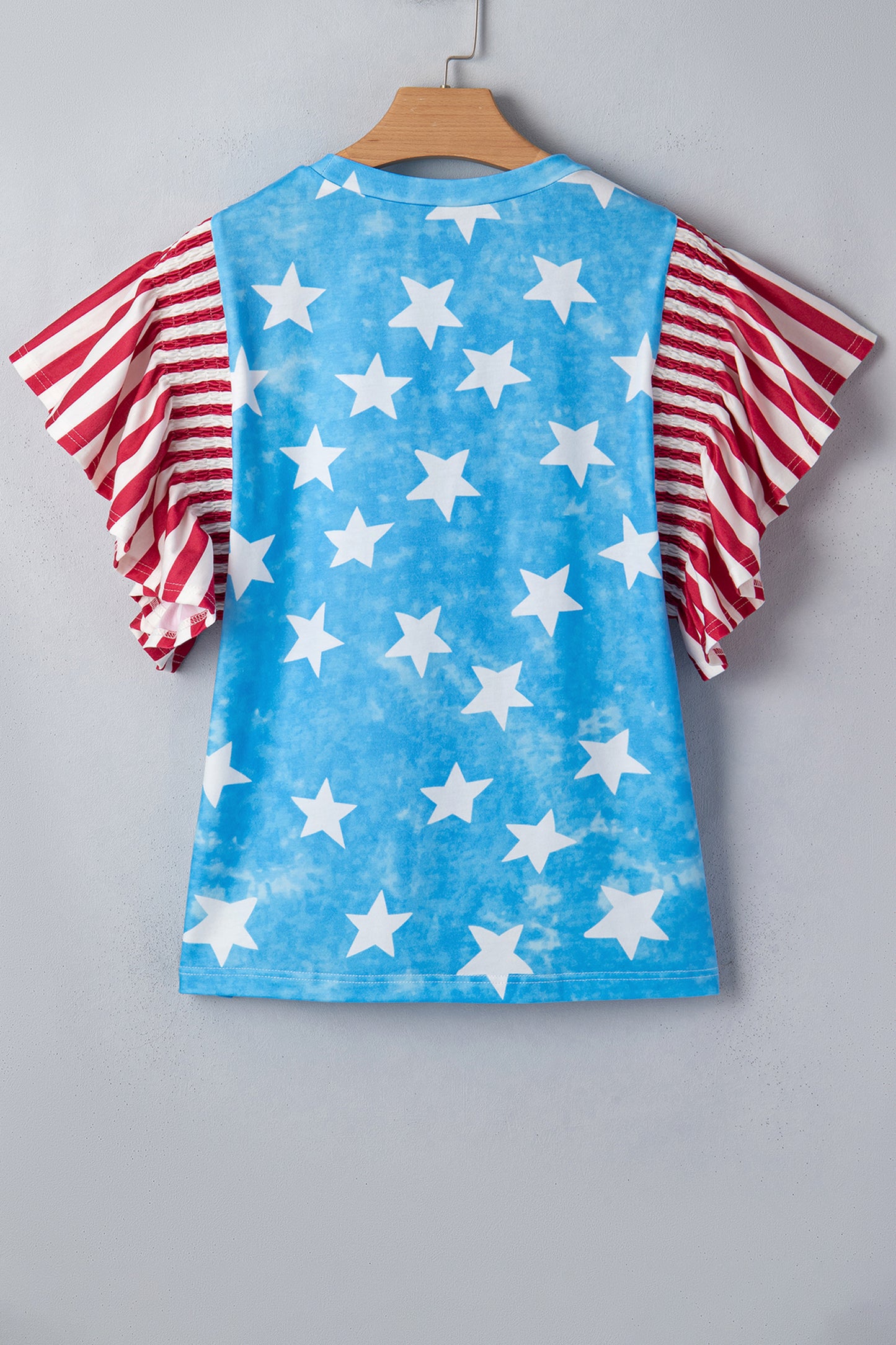 Sky Blue Vintage Star Print Striped Ruffle Sleeve Independence Day Top