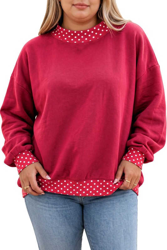 Red Dahlia Polka Dot Patchwork Round Neck Plus Size Sweatshirt