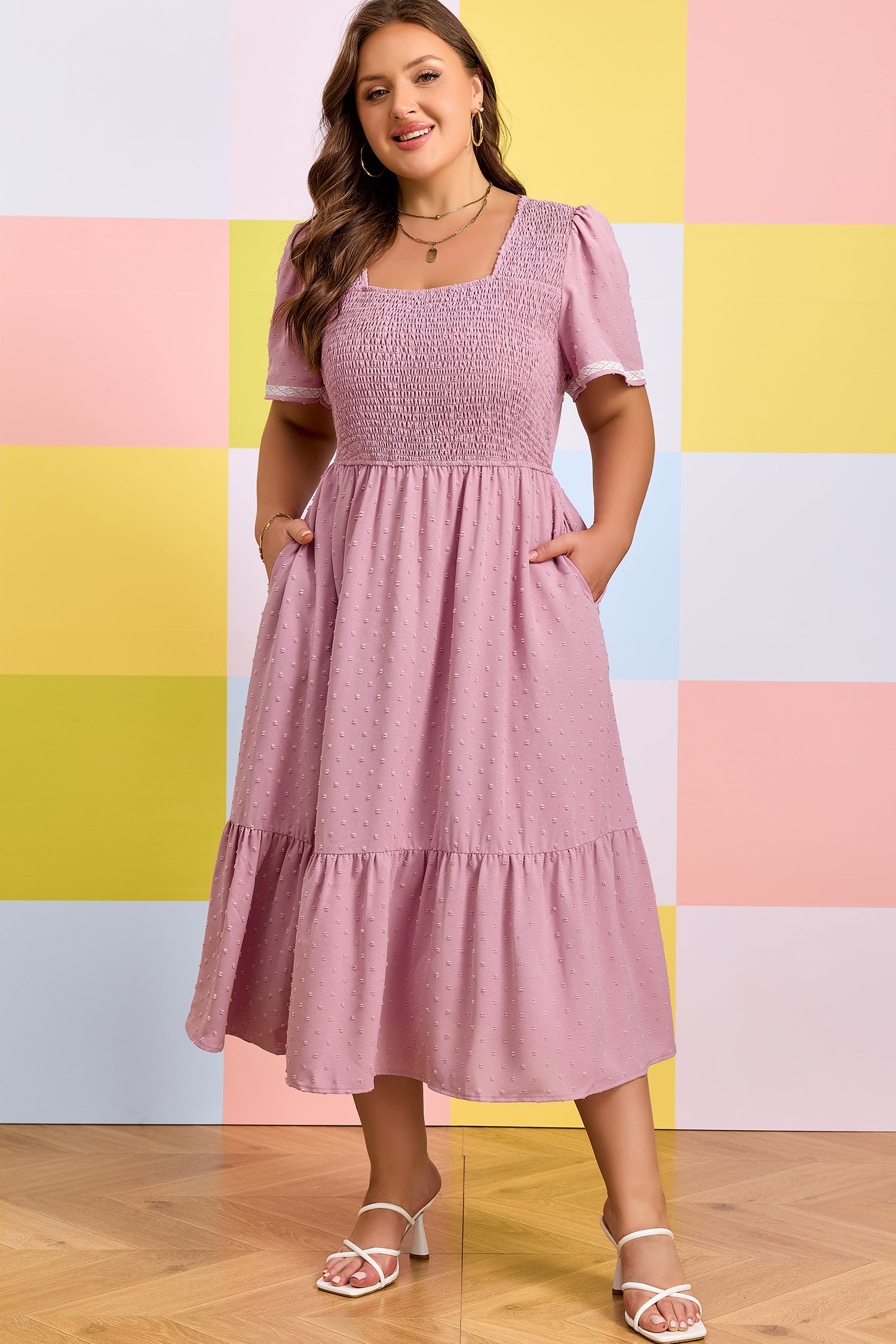 Pink Plus Size Swiss Dot Short Sleeve Smocked High Waist Flowy Midi Dr – HannaBanna Clothing