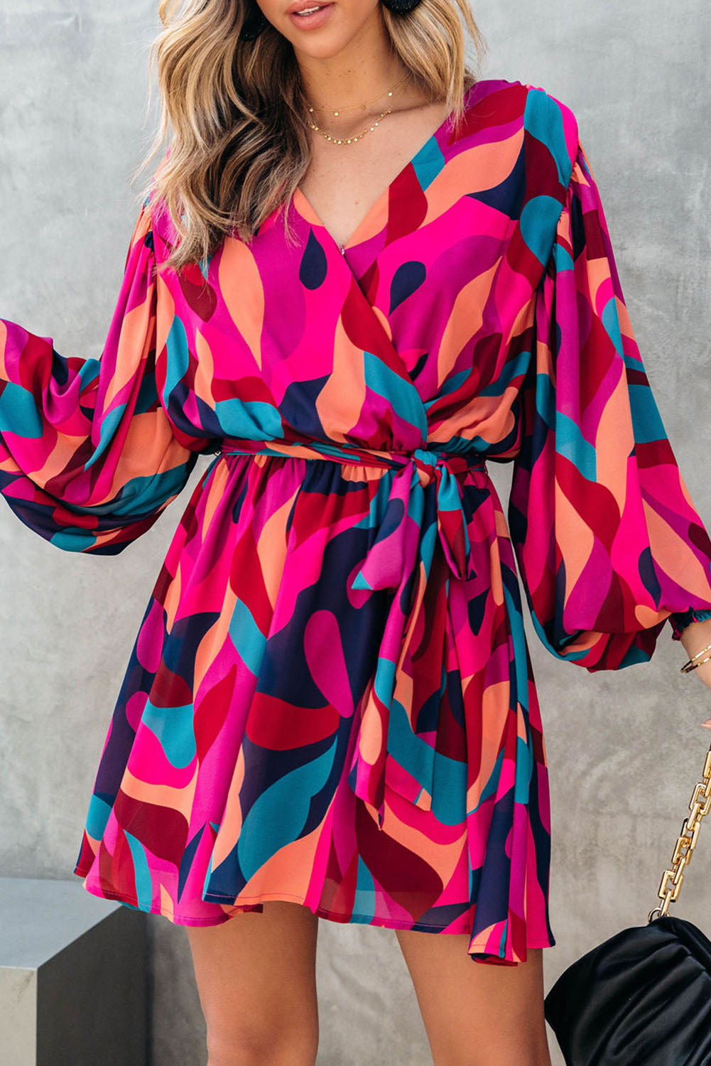 belted puff sleeve mini dress Red Abstract Printed Belted Puff Sleeve Short Dress Red / M