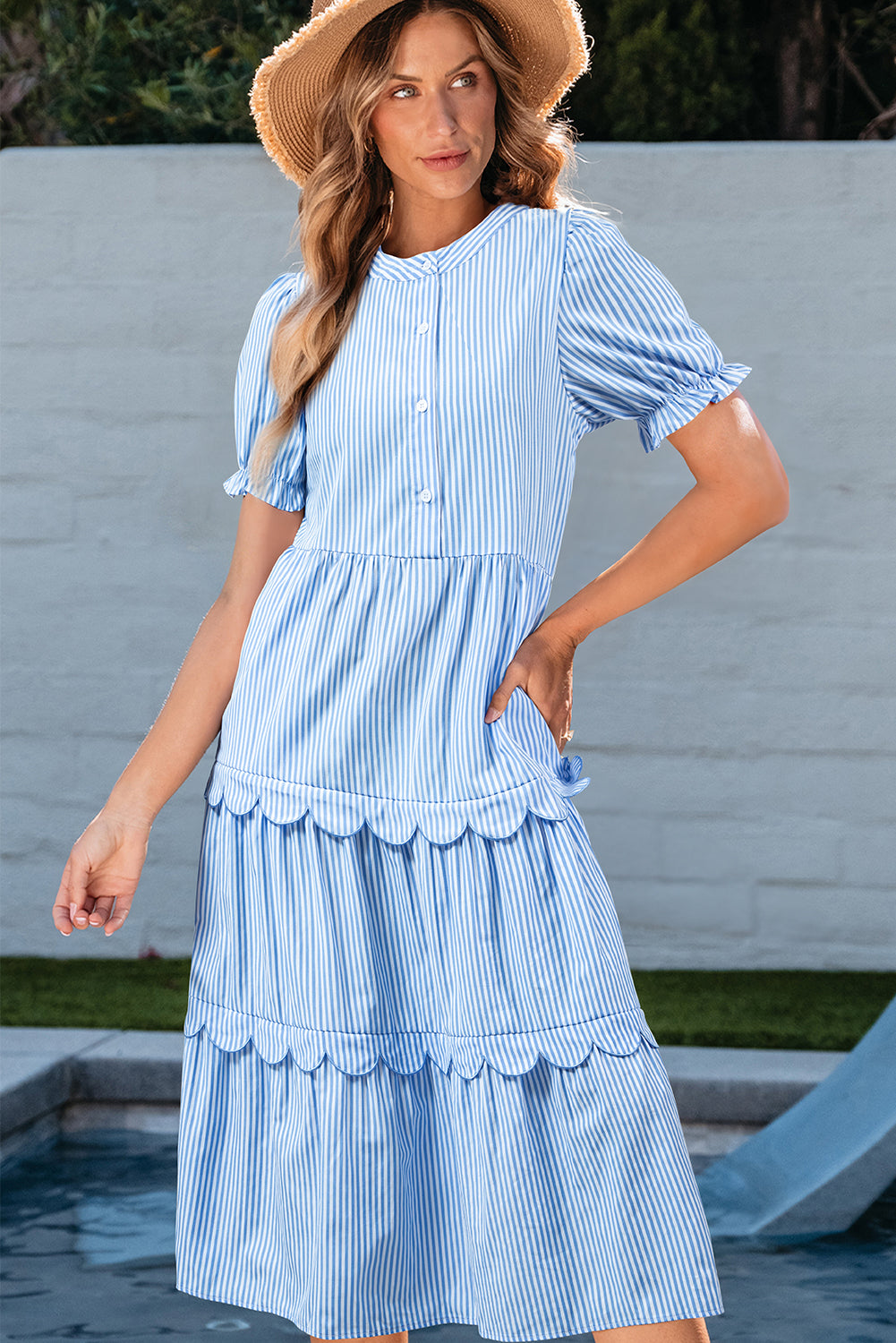 Sample Stripe Bubble Short Sleeve Tiered Scallop Midi Dress