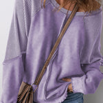 Orchid Petal Solid Waffle Knit Patchwork Raglan Sleeve Sweatshirt