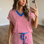 Red Stripe Colorblock Trim V Neck Tee Drawstring Elastic Waist Short Set