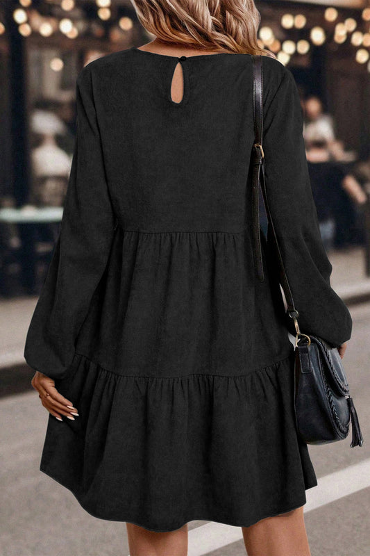 Black Lantern Sleeve Tiered Mini Dress