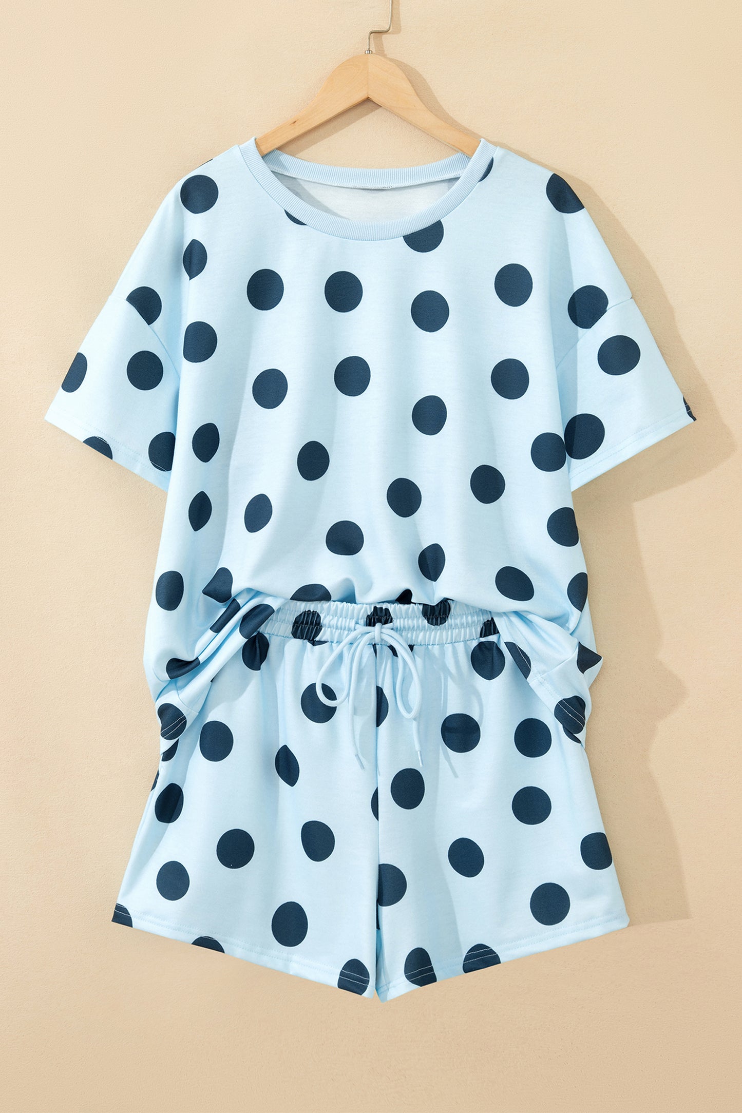 Black Polka Dot Print Loose Tee Drawstring Elastic Waist Short Set