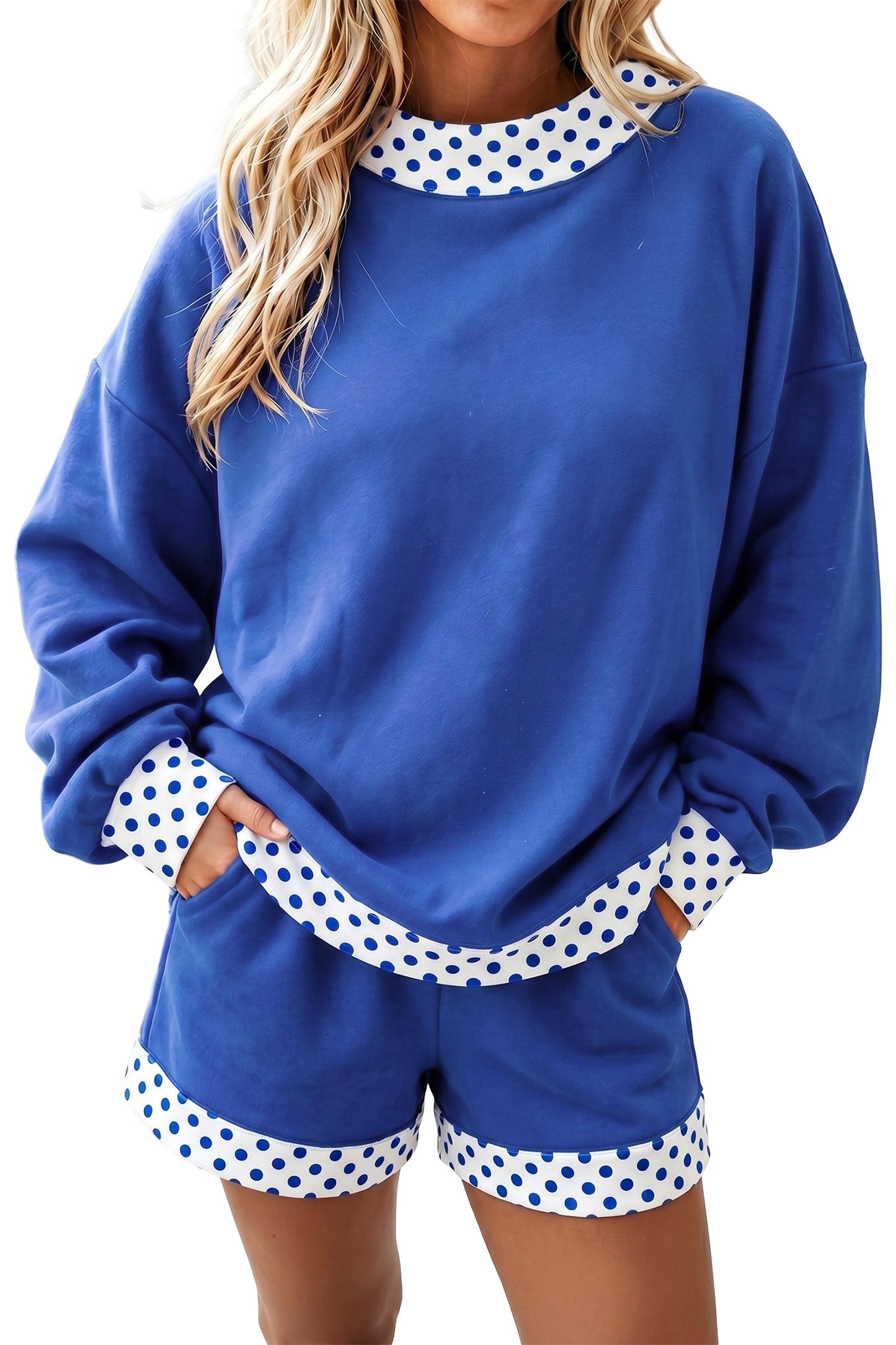 Dark Blue Polka Dot Trim Baggy Pullover 2pcs Short Set