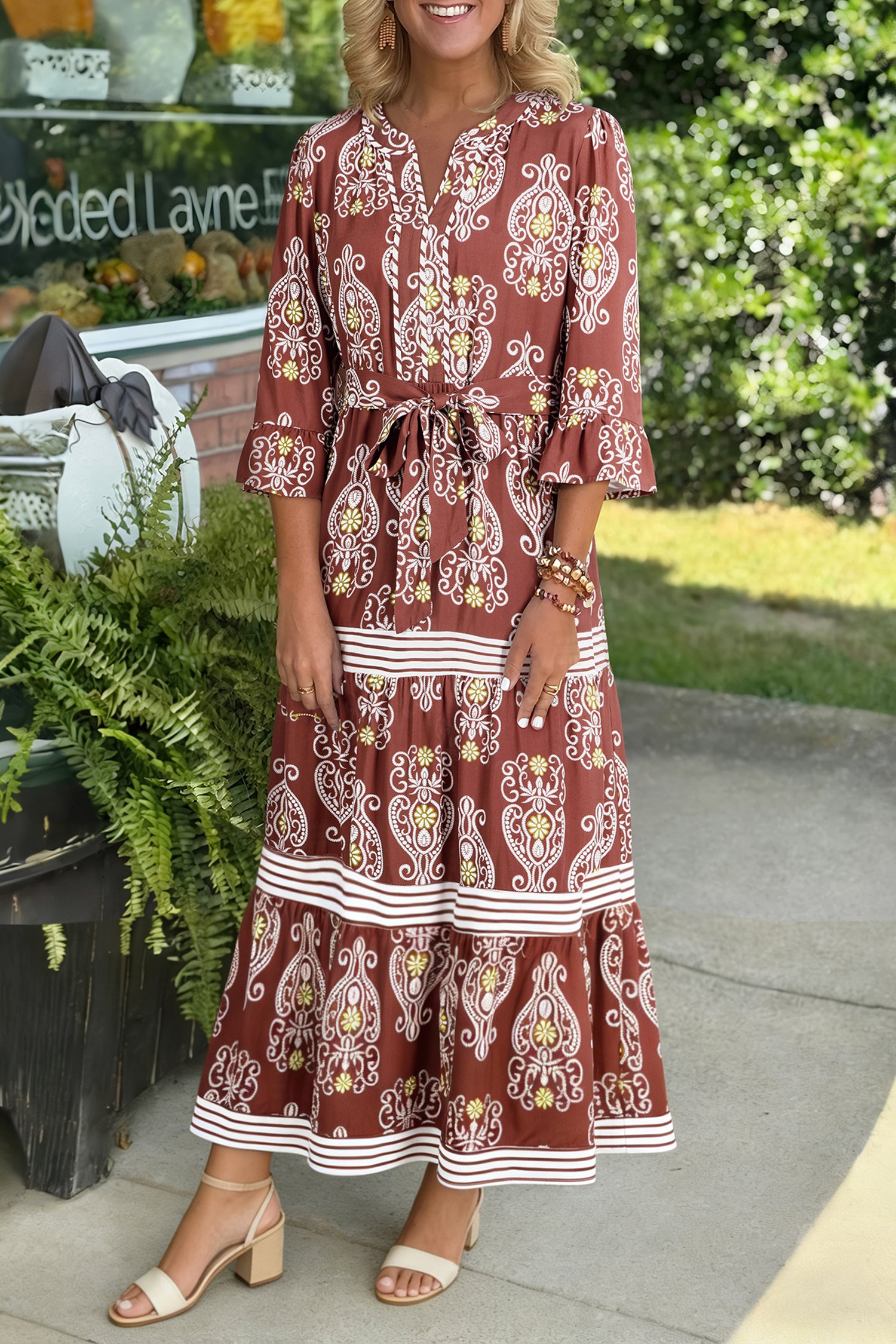 floral striped maxi dress Sunny Angela Women's Bohemian Floral Striped Trim Belted Tiered Maxi Dress
