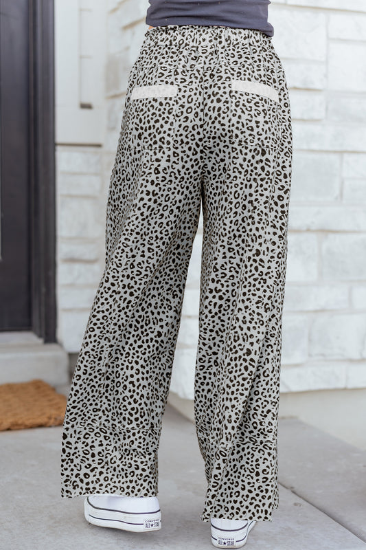 Gray Animal Print Wide Leg Terry Knit Pants