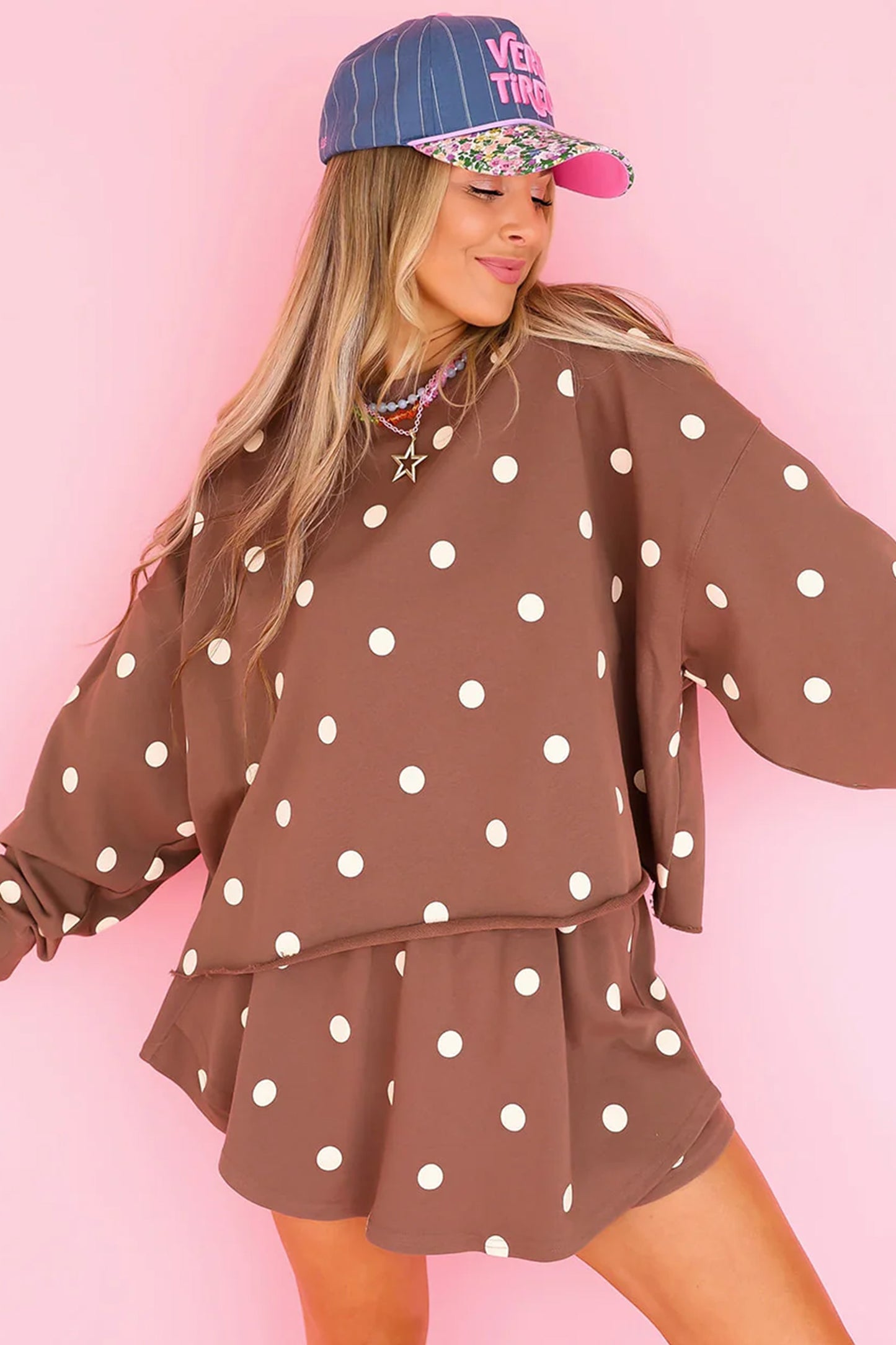 Brown Polka Dot Raw Hem Relaxed Pullover Loose Skort Two Piece Set