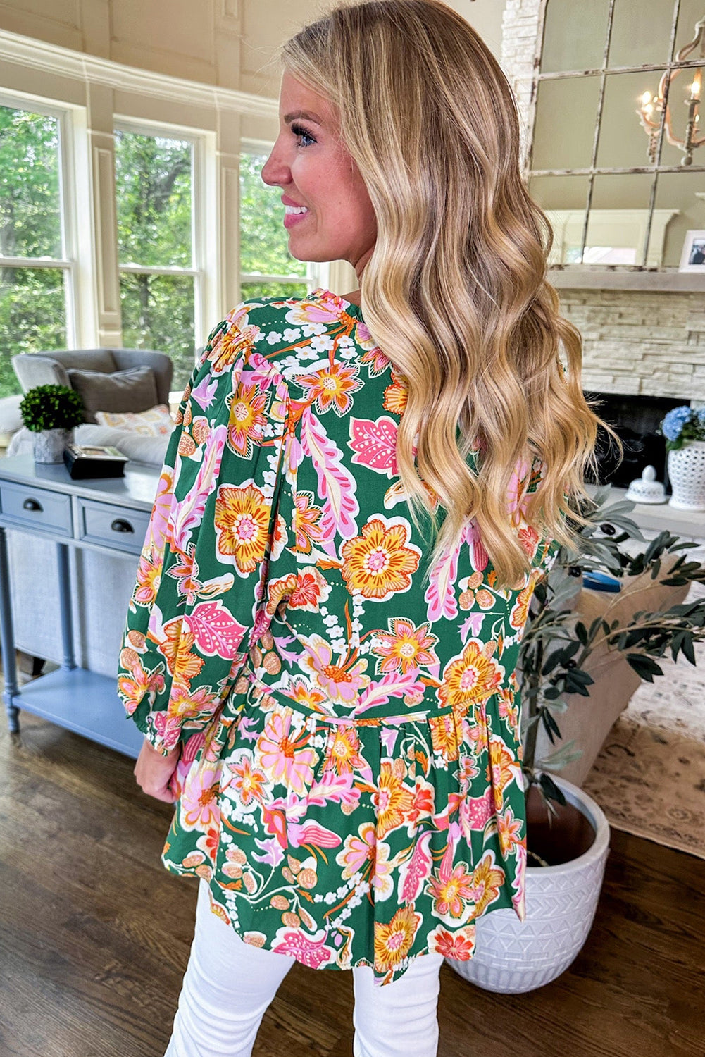 Haut babydoll vert à fleurs et col en V, manches longues, grande taille