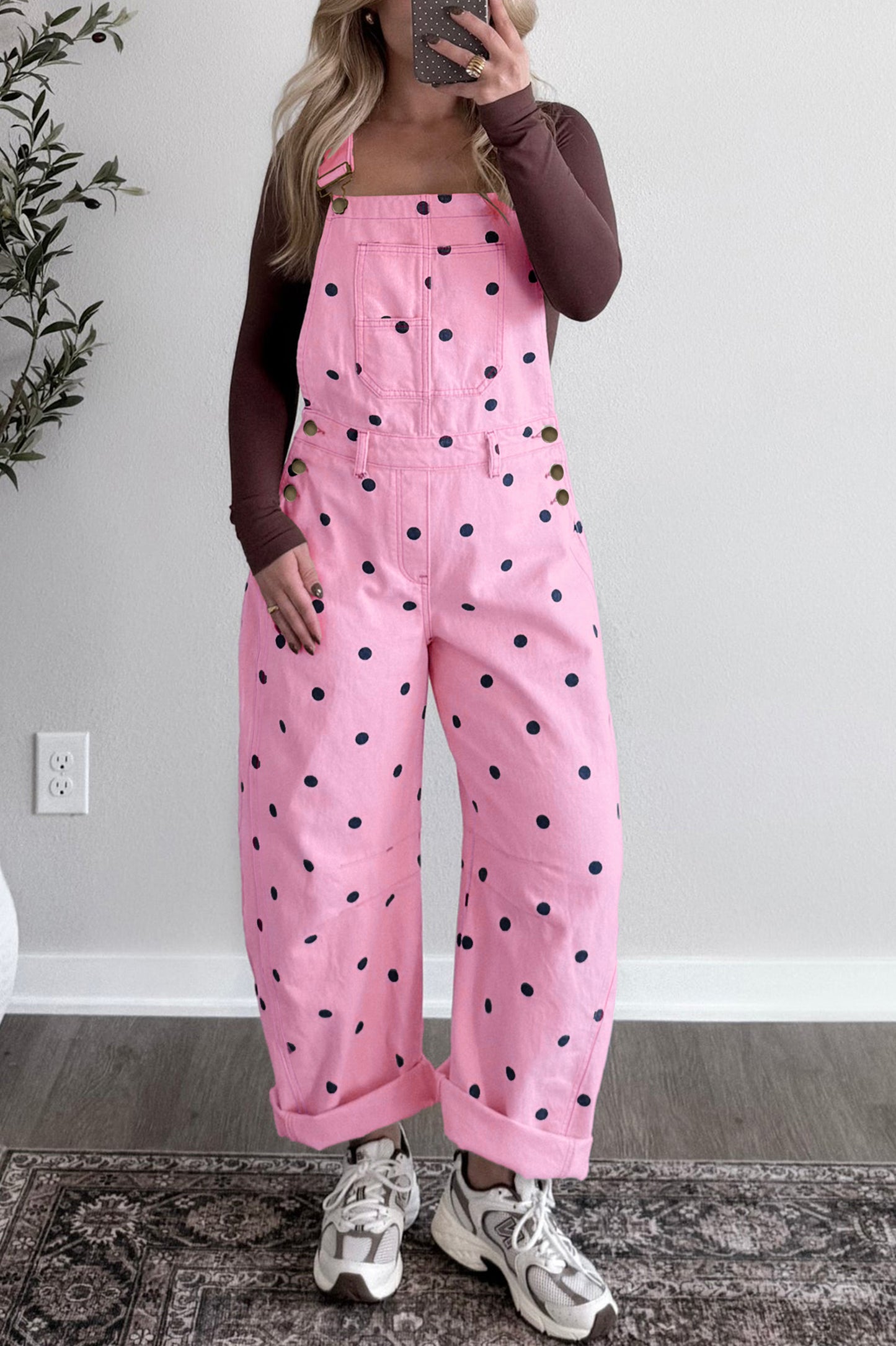Jet Stream Polka Dot Print Bib Pocket Denim Barrel Overalls Jumpsuit