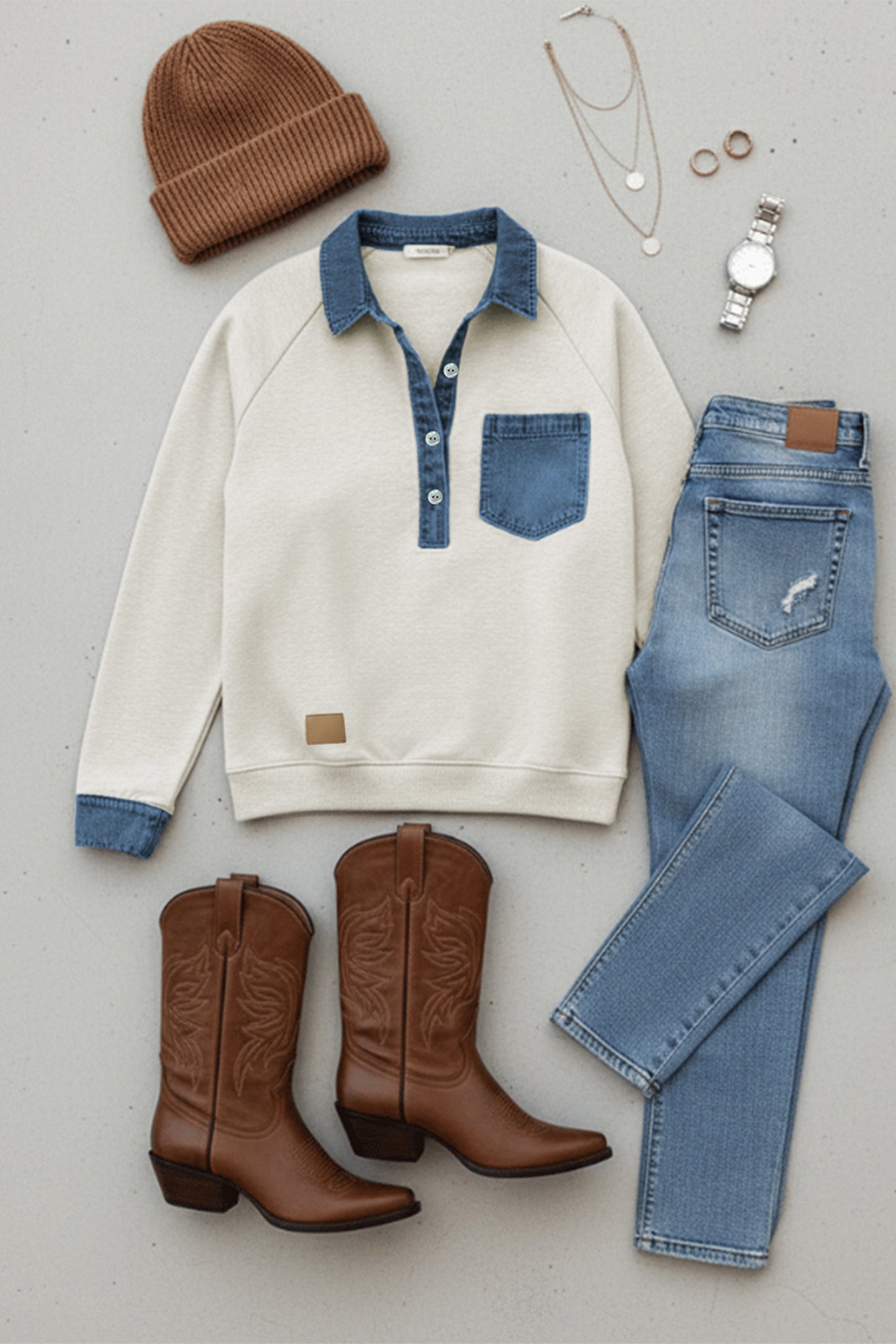 Gray Denim Collar Patchwork Long Sleeve Pullover Top