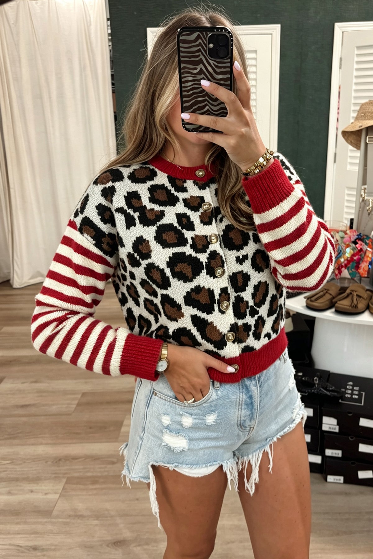 White Leopard Print Striped Sleeves Round Neck Button Cropped Cardigan