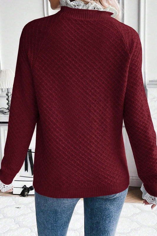 Burgundy Contrast Lace Frilled Trim Raglan Sleeve Sweater