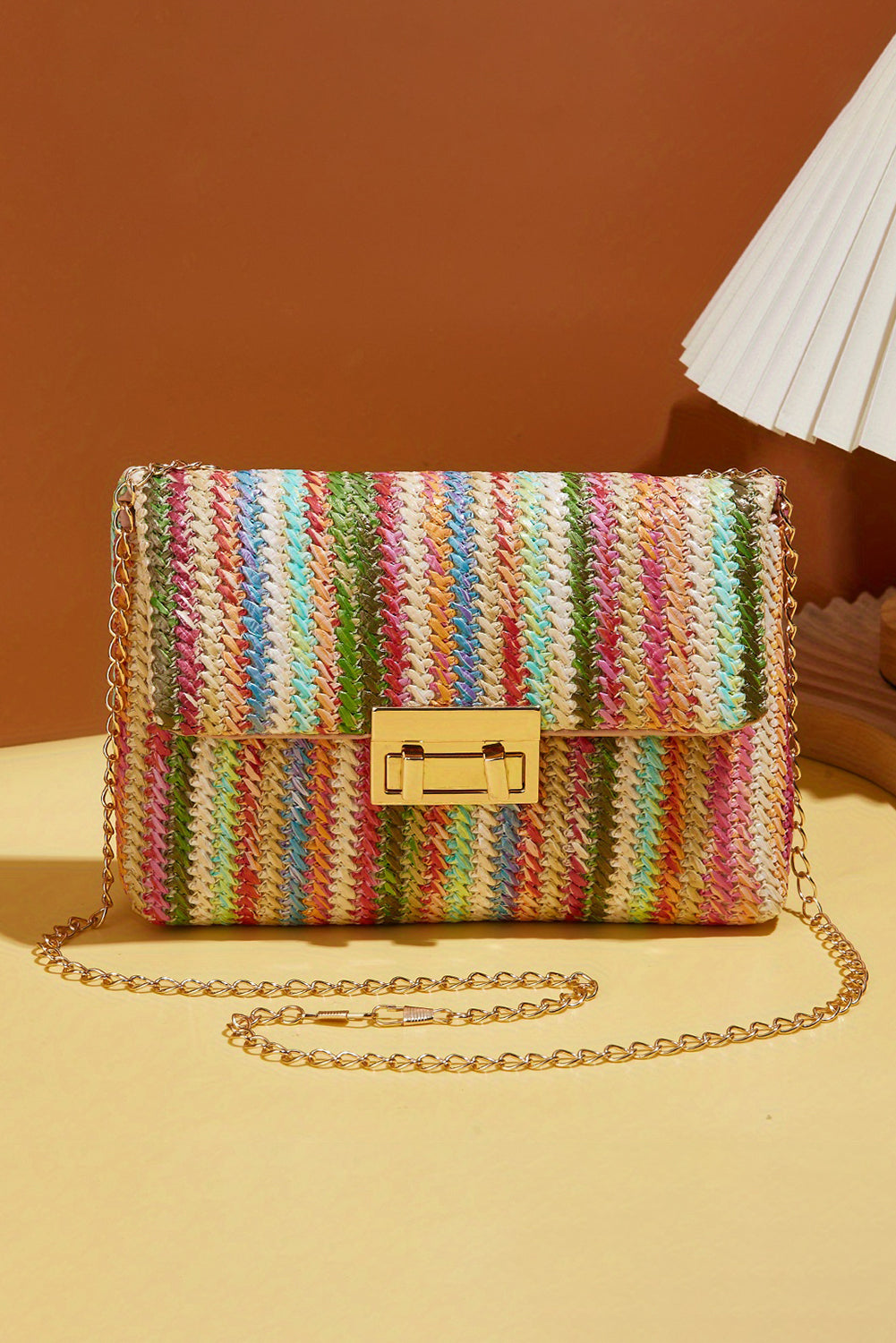 Strawberry Pink Straw Plaited Gold Chain Clasp Closure Single Shoulder Bag