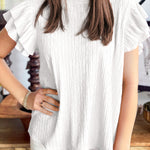 White Solid Color Textured Ruffle Trim Short Sleeve Blouse